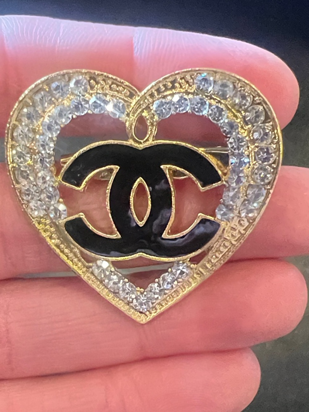 CHANEL Gold Heart Brooch with Black Enamel CC and Clear Crystals